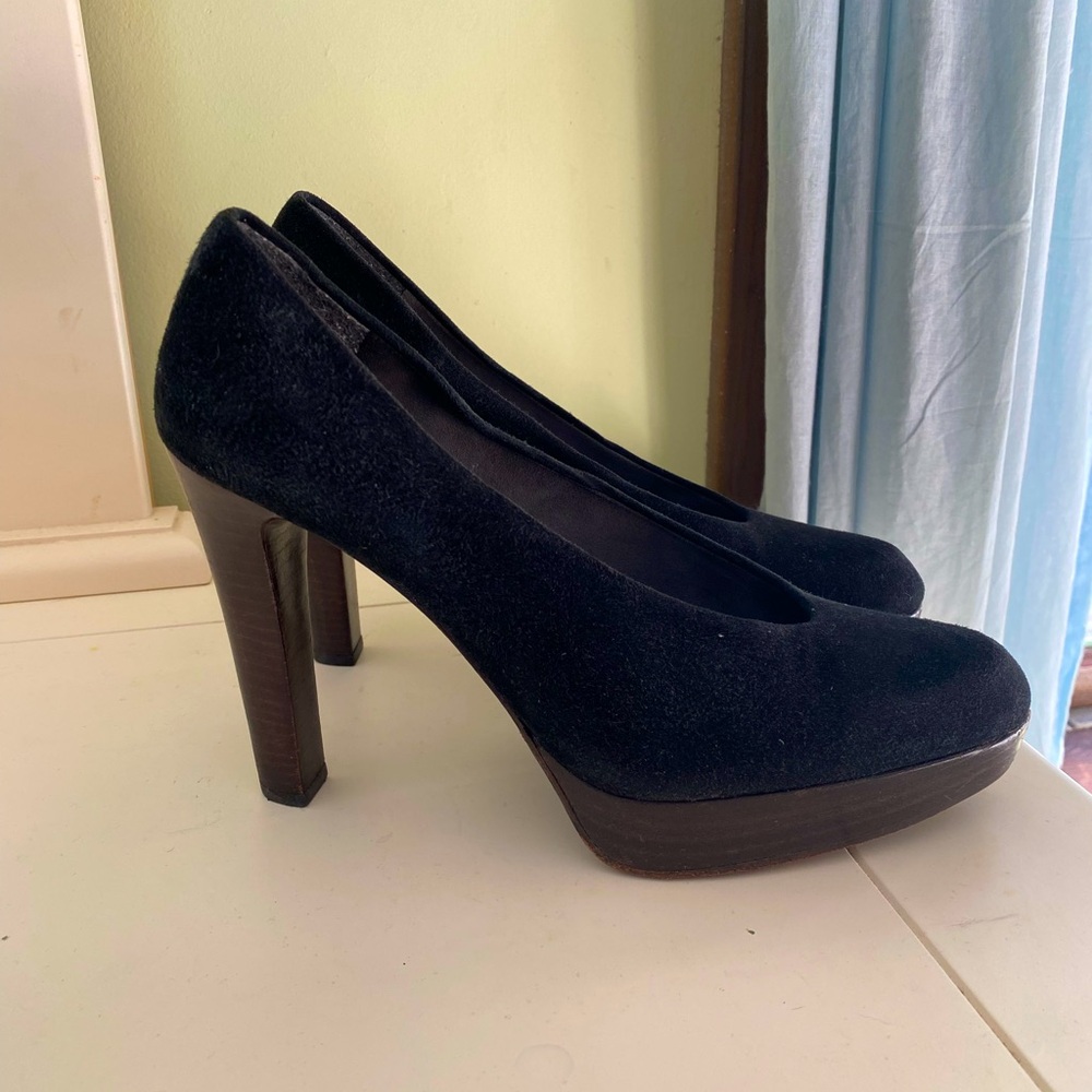 Stuart Weitzman Black Suede Platform Stacked Heel Pumps Size 8